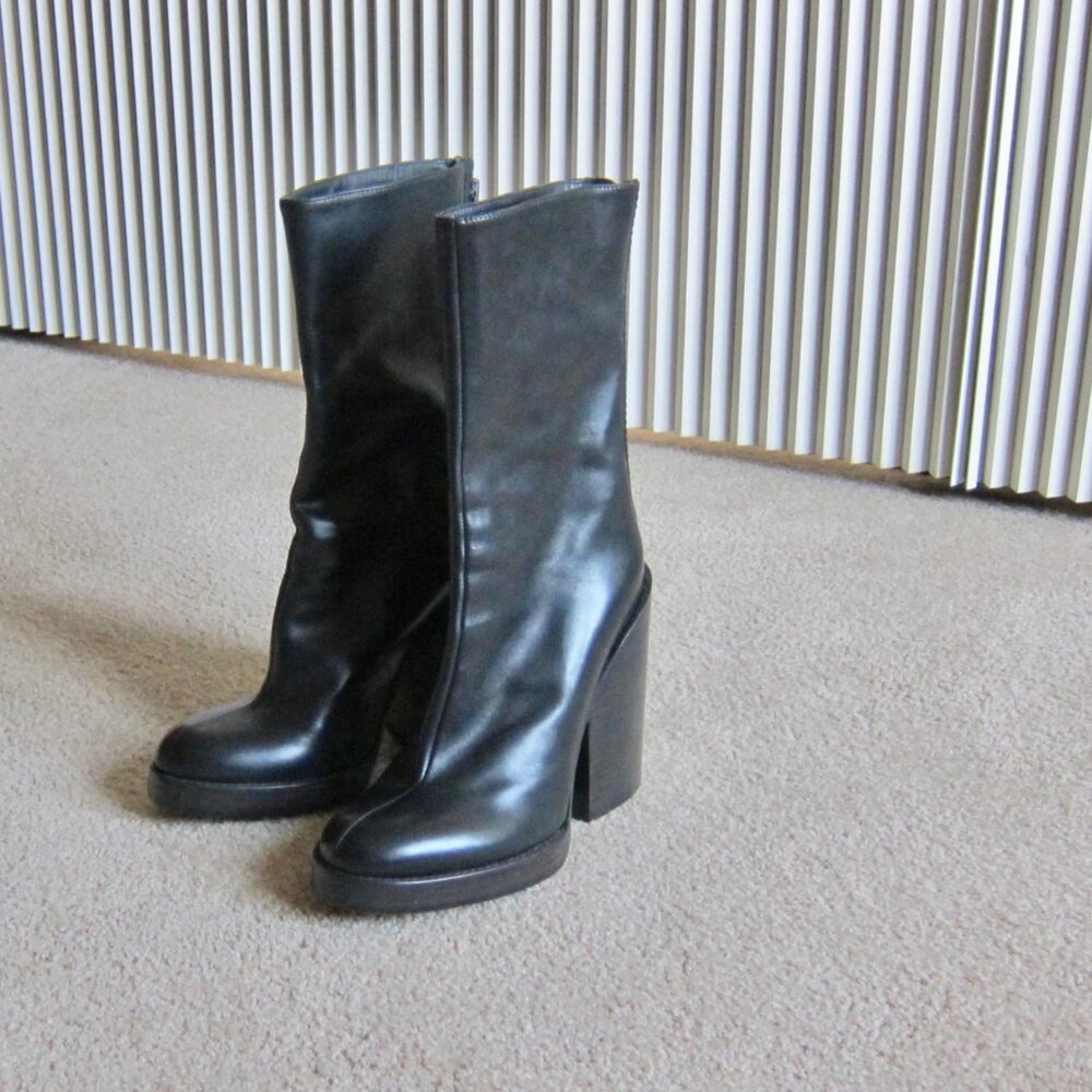 HAIDER ACKERMANN Black Mid Calf Leather Chunky Block Heel Grunge Boots $530 - Picture 7 of 10